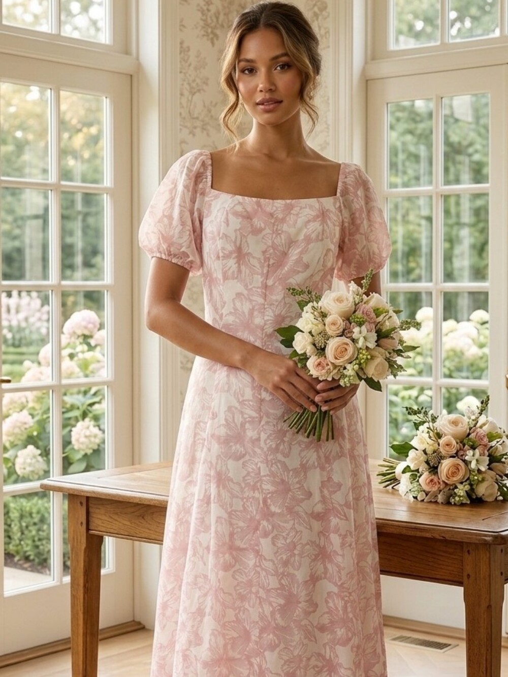 Square Neck Midi Dress with Puff Sleeves in Blush Pink